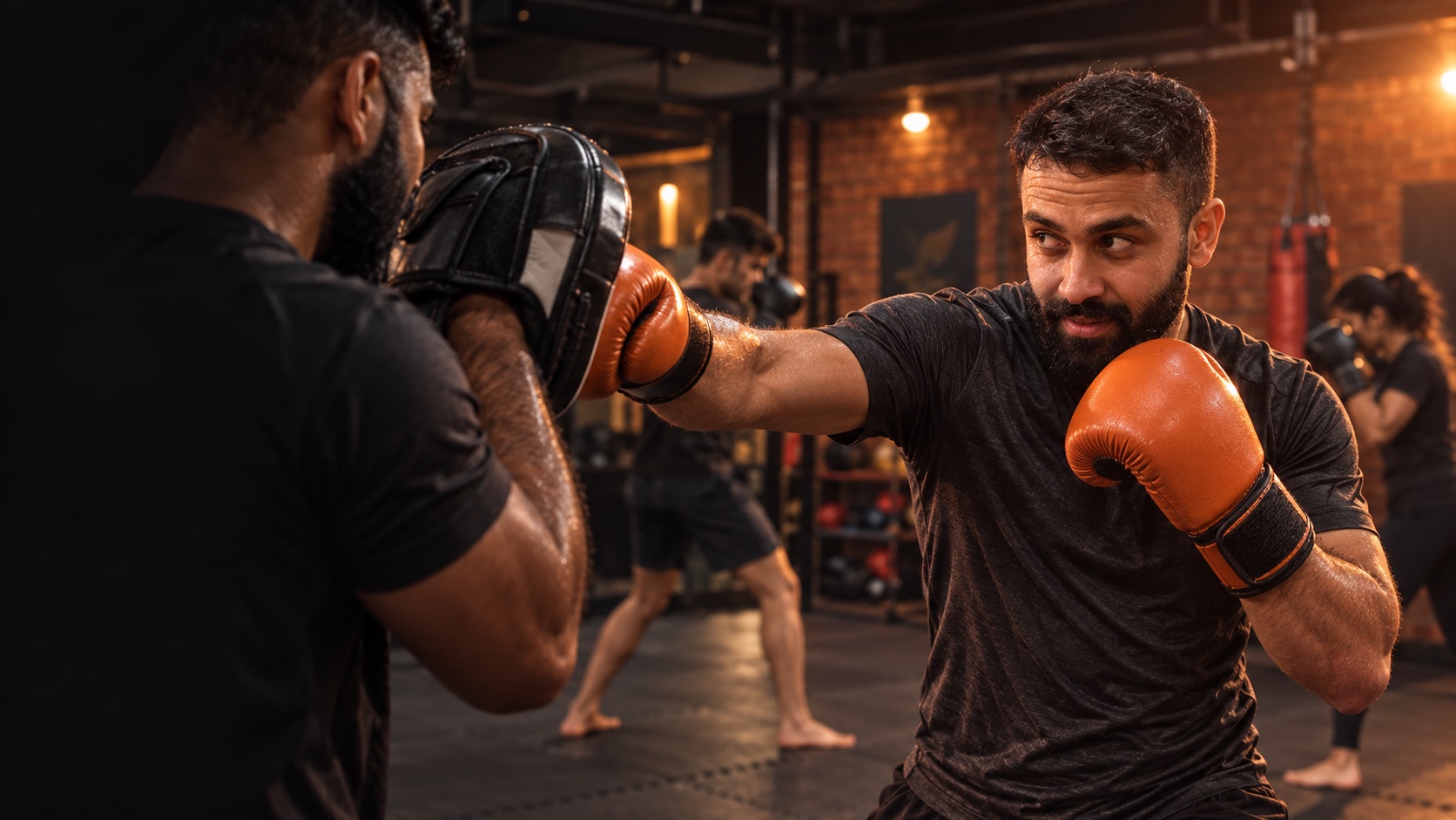 Campaign portrait of a Falcon member boxing with a coach in a Falcon-inspired studio