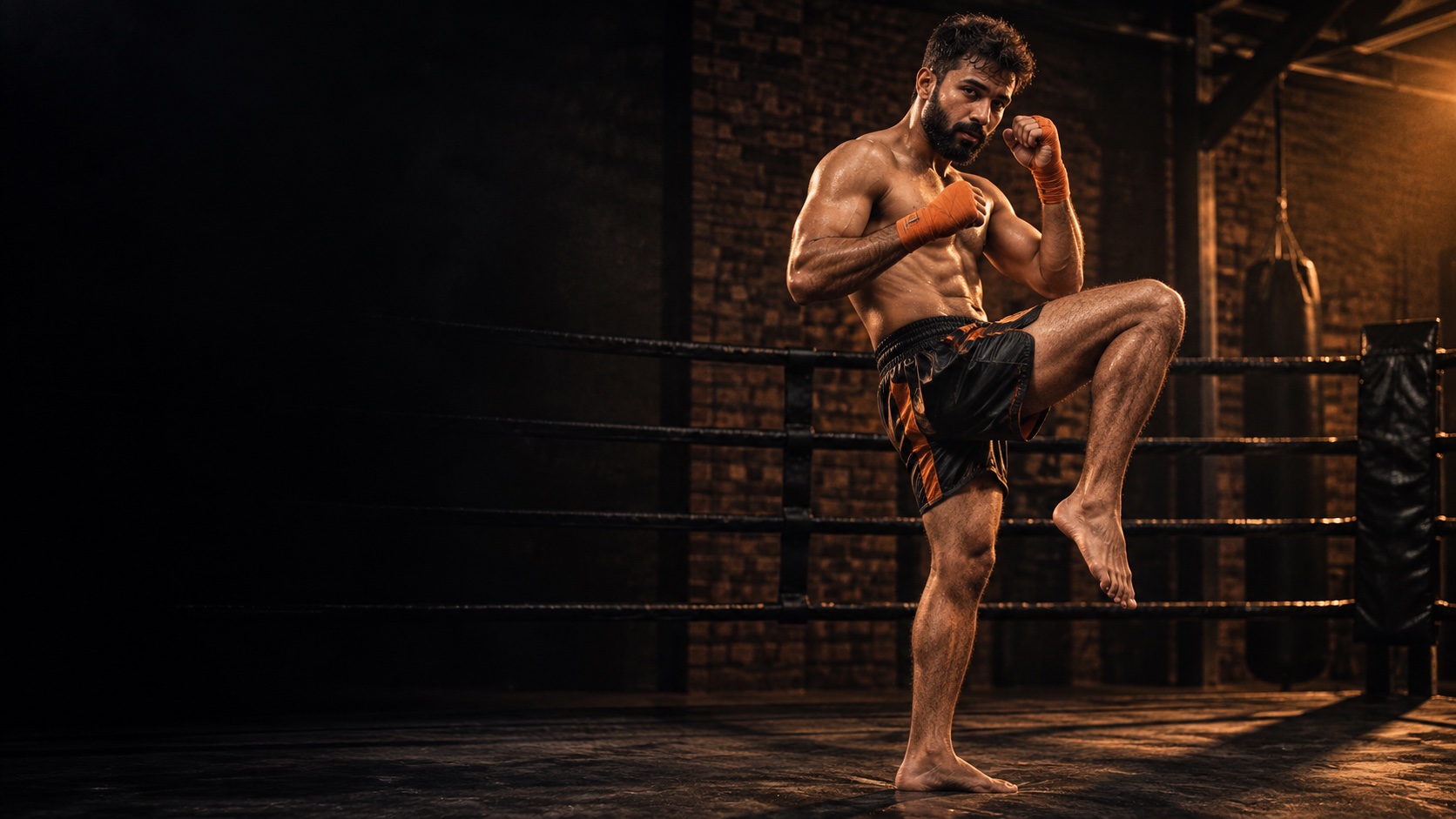 Campaign portrait of Suraj Shetty in a Muay Thai raised-knee stance inside a ring